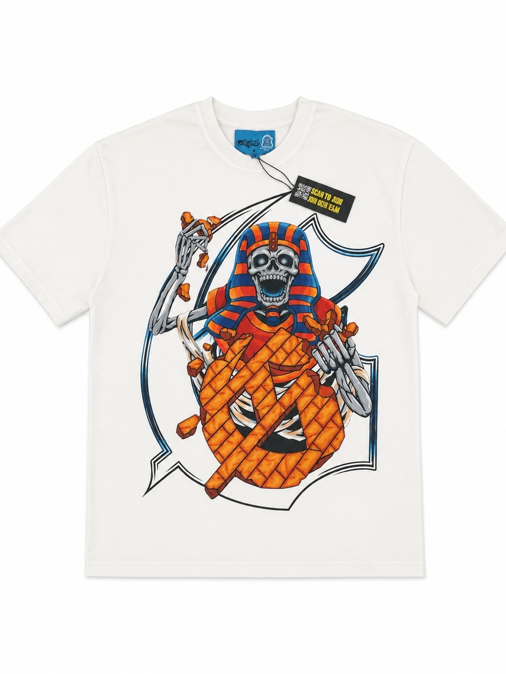 White Kids Graphic Tee with Orange Pharaoh Skeleton Design